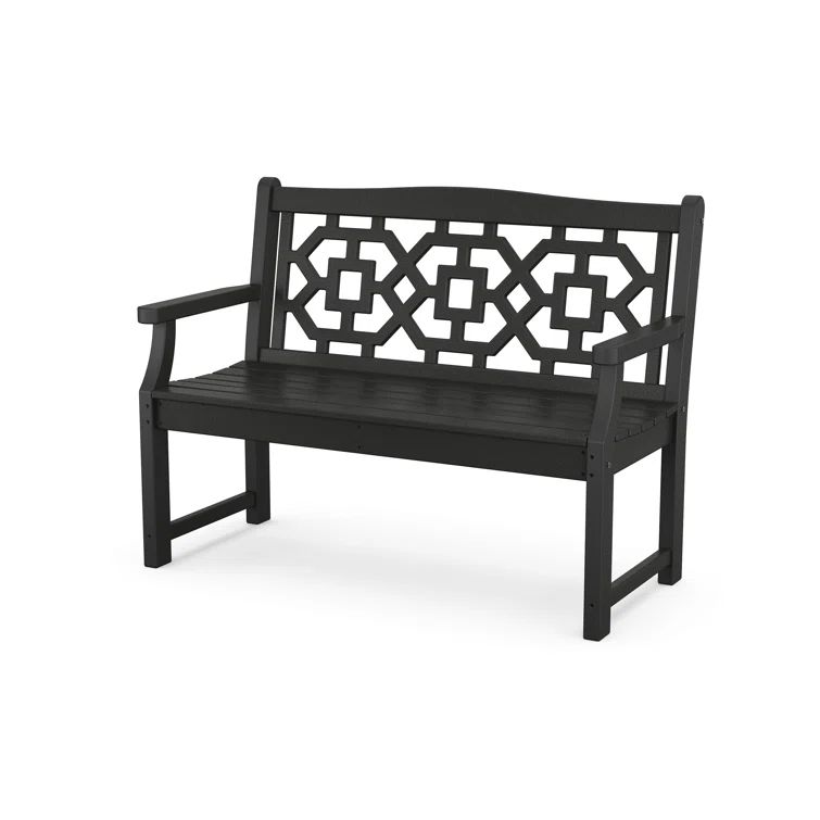 Black Polywood Chinoiserie 48" Garden Bench with Intricate Latticework