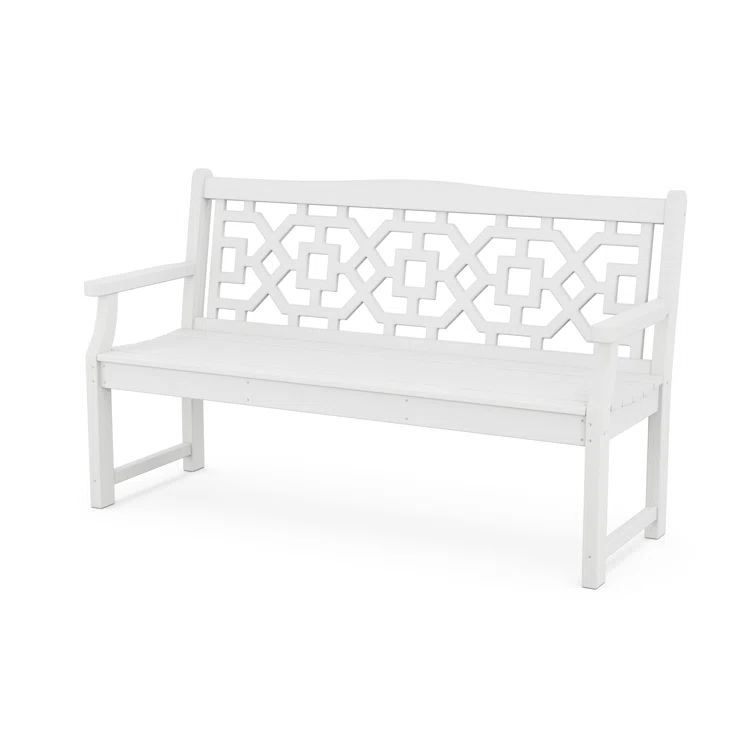 White Polywood Outdoor Garden Bench with Chinoiserie Design
