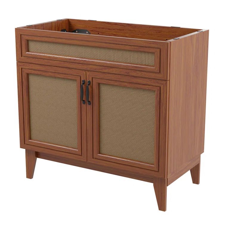 Javer 36" Walnut Rattan Modern Farmhouse Bathroom Vanity Cabinet