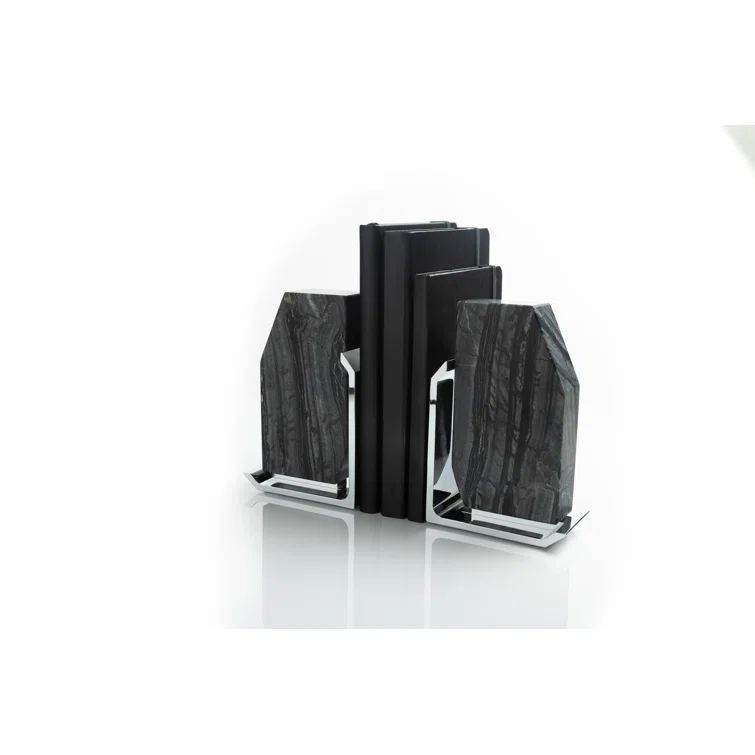 Gray and Silver Marble Metal Contemporary Bookends Set