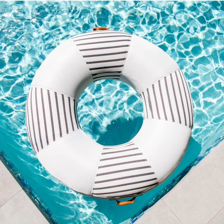 Lux Black and White Stripe Inflatable Pool Float with Vegan Leather Accents