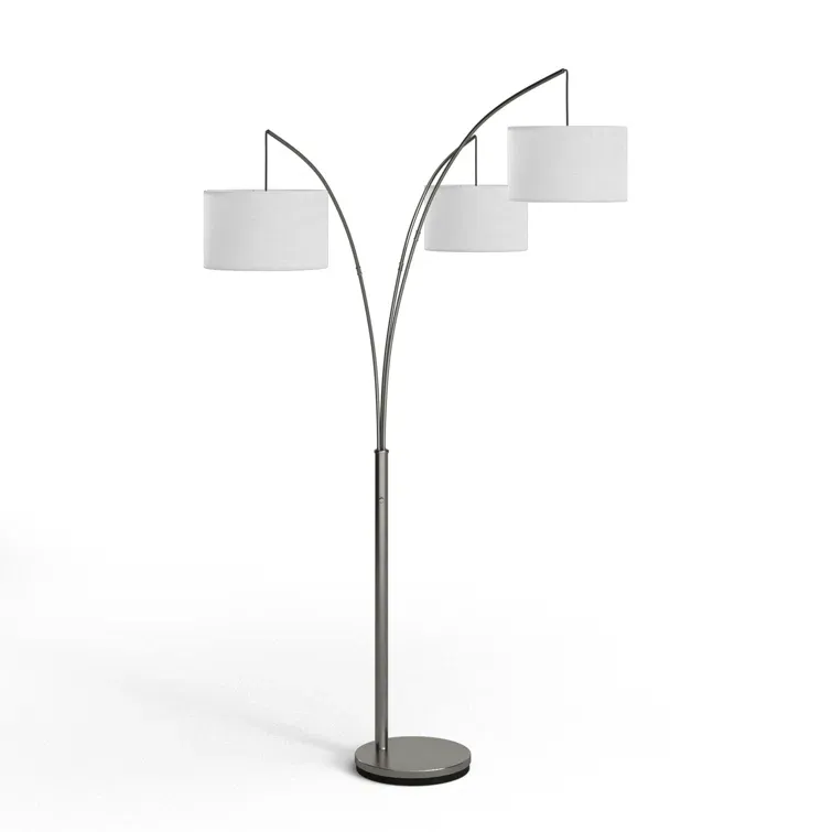 Trinity Brushed Steel 74'' Adjustable Arc Floor Lamp with White Shades