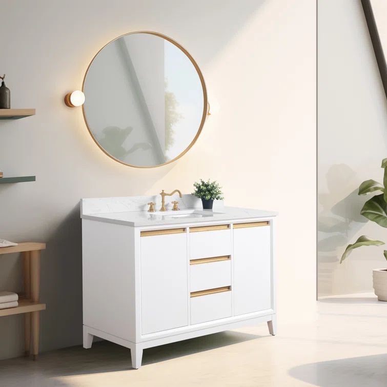 48" White MDF Freestanding Bathroom Vanity with Gold Accents