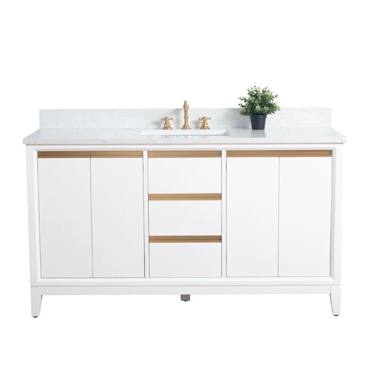 60" White Poplar Wood Single Bathroom Vanity with Marble Top