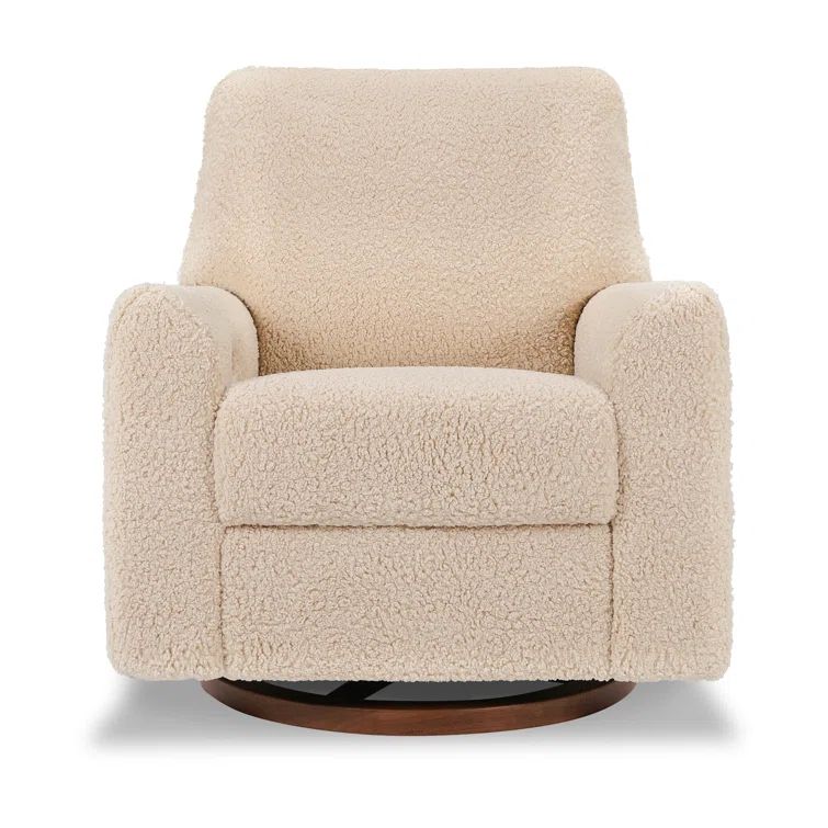 Beige Shearling Swivel Recliner with Dark Wood Base