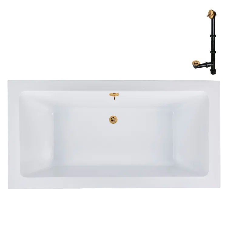 60" x 32" Glossy White Acrylic Soaking Drop-In Bathtub with Brushed Gold Drain