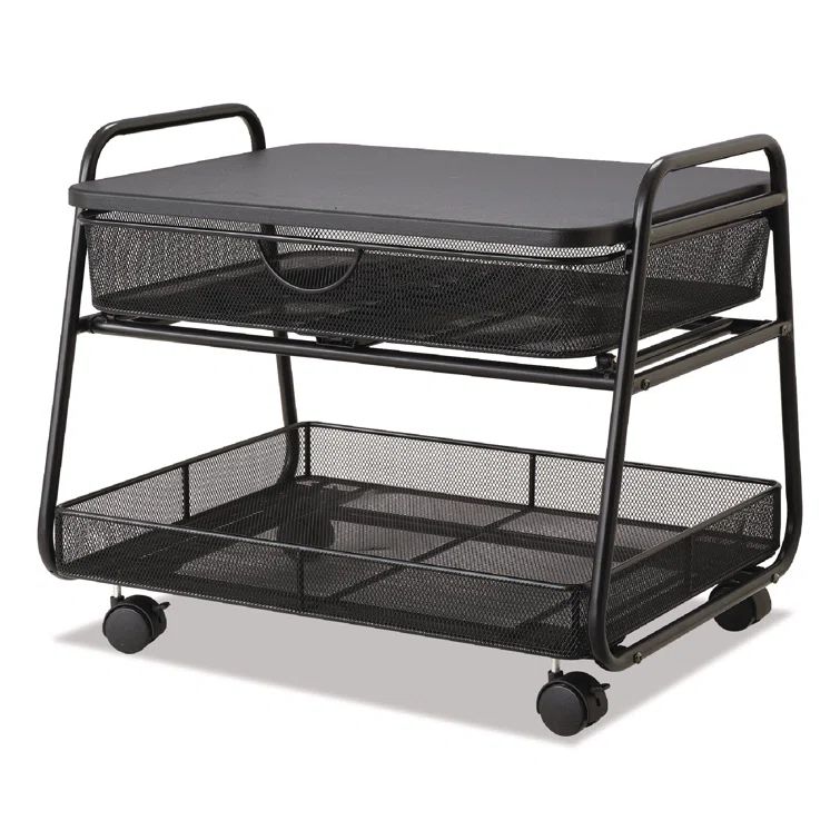 Sleek Black Steel Under-Desk Rolling Stand with Storage Basket & Drawer