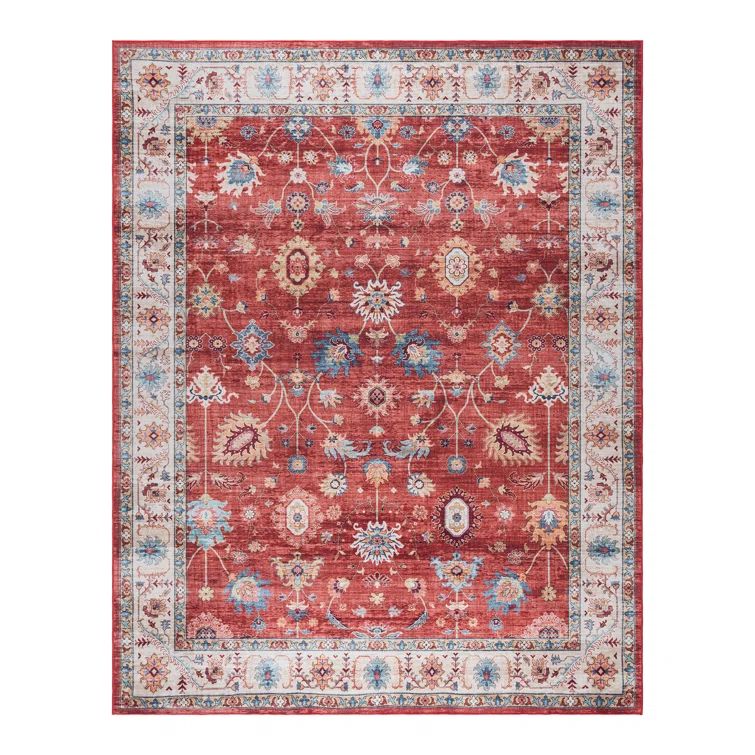 Crystal Print Red and Cream Floral Washable Area Rug