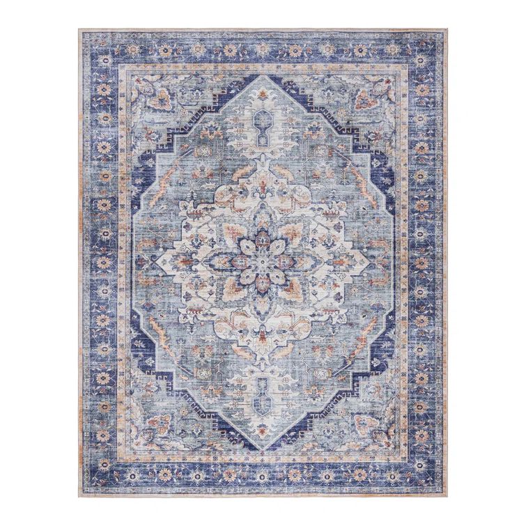 Soha Multi Blue Traditional Medallion Washable Area Rug 6' x 9'