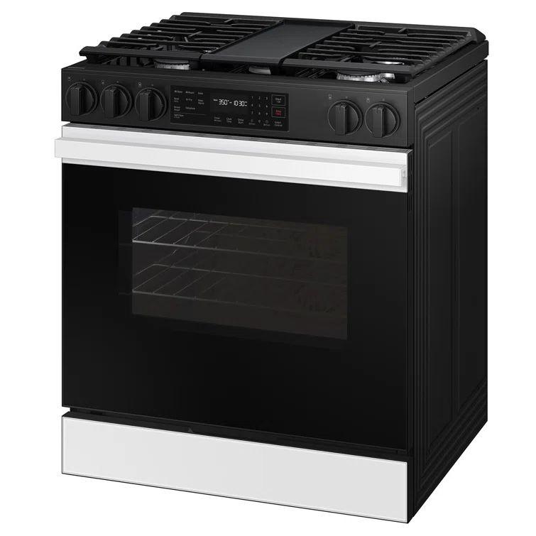 White and Black Smart Slide-In Gas Range with Air Fry