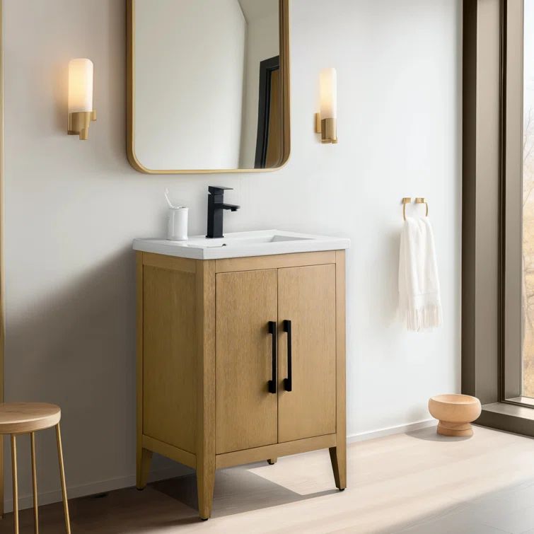 Natural Oak and Matte Black 24" Single Bathroom Vanity with Ceramic Top