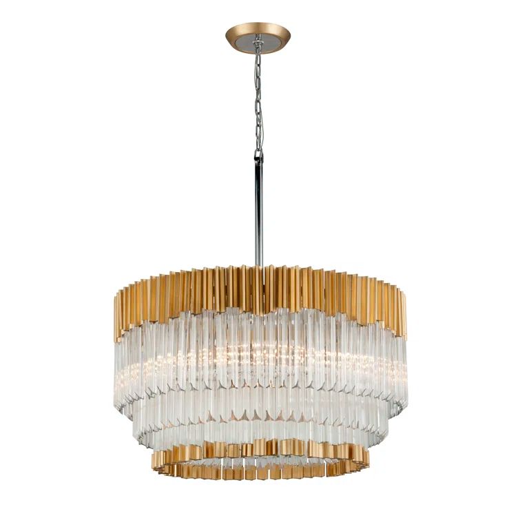 Charisma Gold Leaf Crystal Drum Chandelier with Stainless Steel Accents