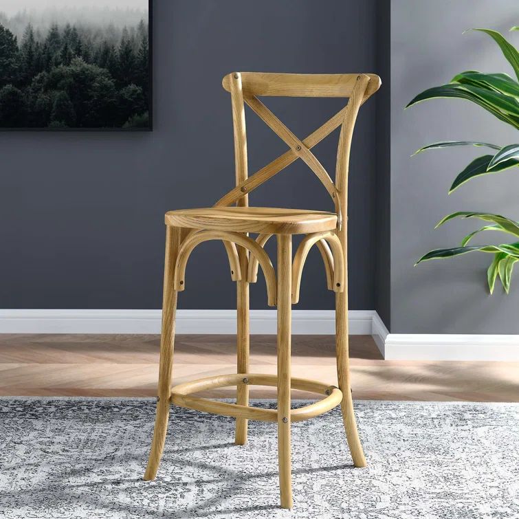 Farmhouse Elm Wood Counter Stool with X-Brace Back in Natural