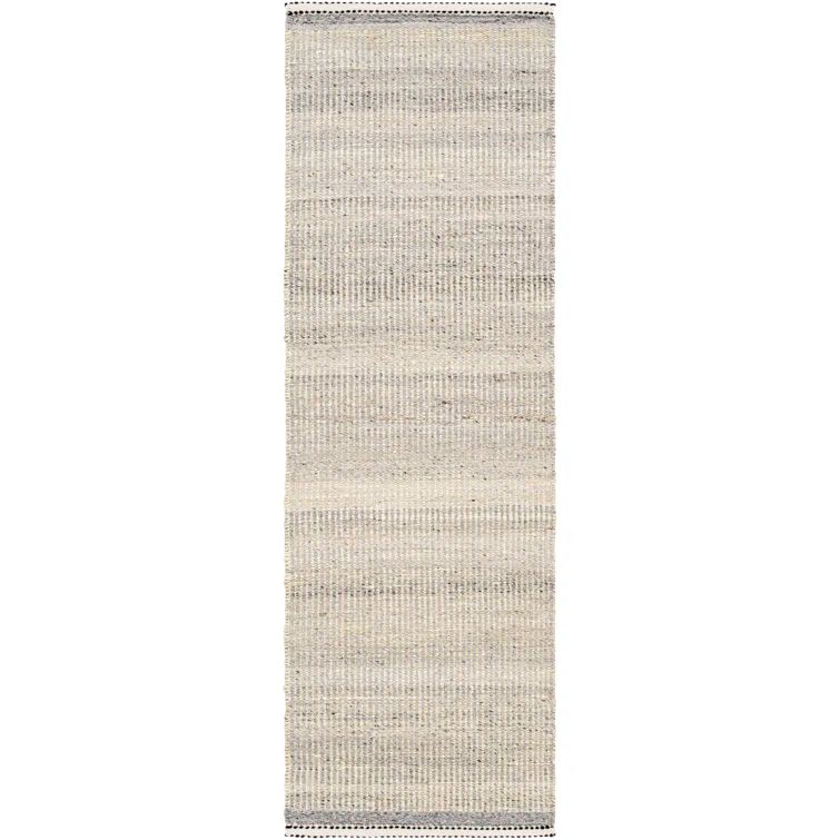Handmade Gray and Beige Wool Runner Rug with Fringe