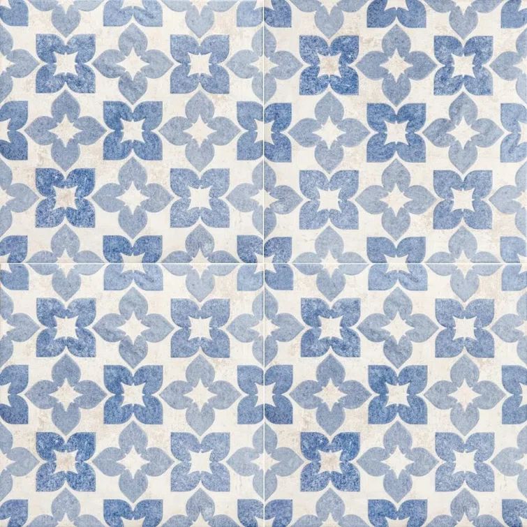 Phlox 8" x 8" Blue and White Porcelain Patterned Tile