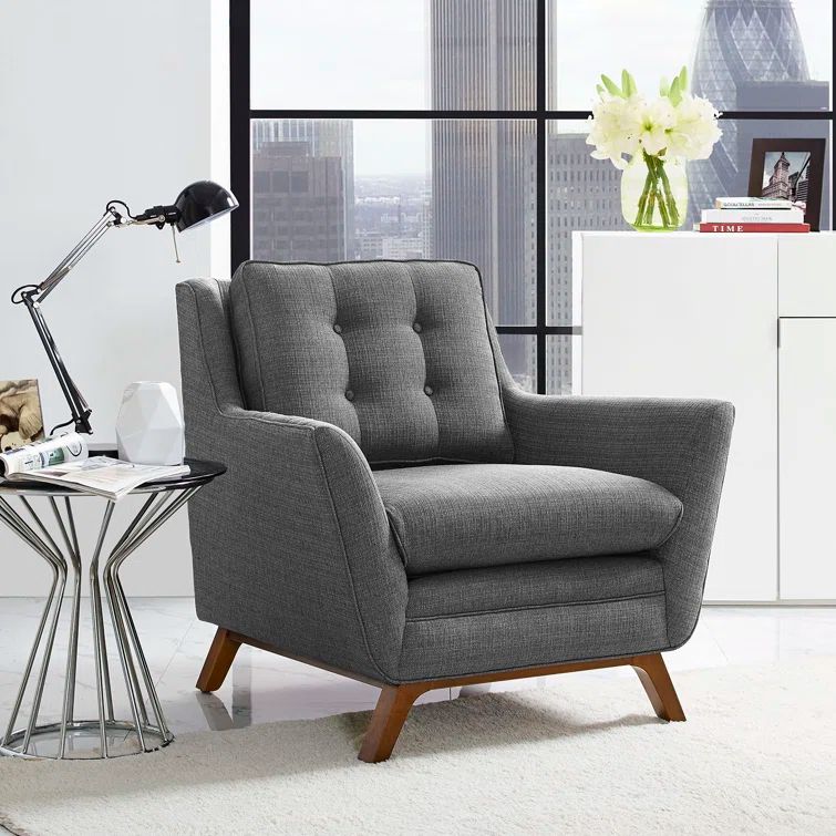 Gray Upholstered Fabric Armchair with Walnut-Stained Wood Base