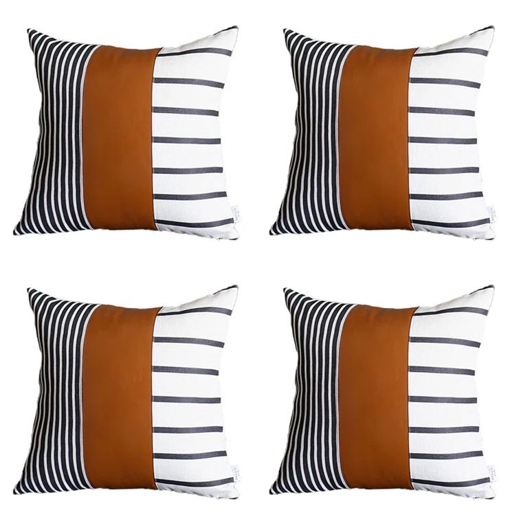 Brown and Ivory Faux Leather Striped Throw Pillow Covers, 17" x 17", Set of 4