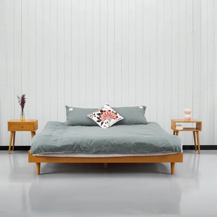 Rustic Oak King Bed Frame with Wood Headboard and Slats
