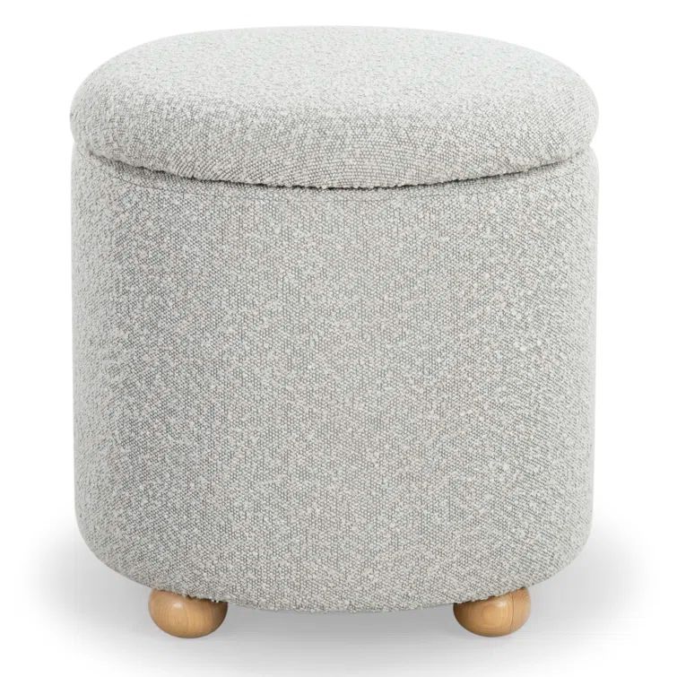 Becka Round Gray Boucle Storage Ottoman with Wood Legs