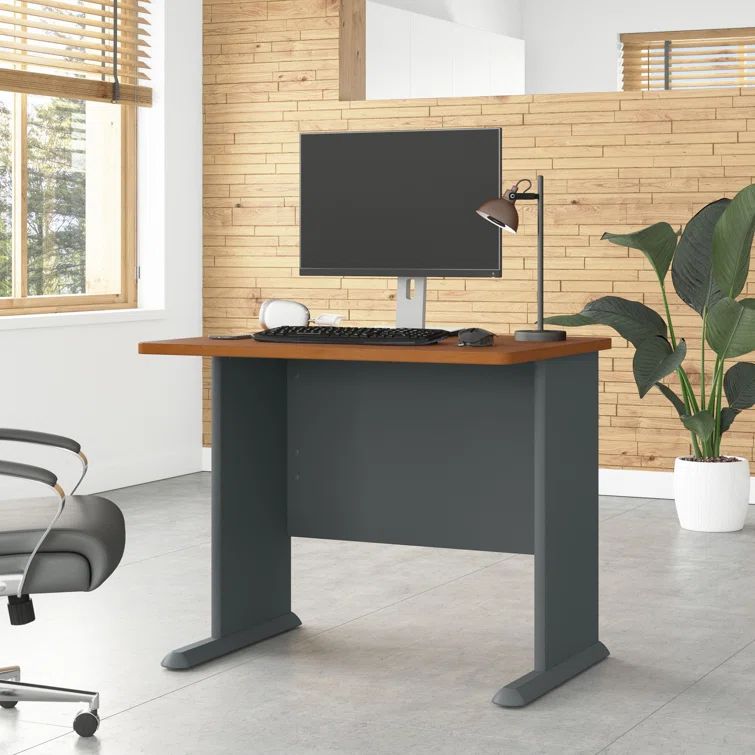 Cherry Slate Executive Desk with Cable Management and Filing Cabinet
