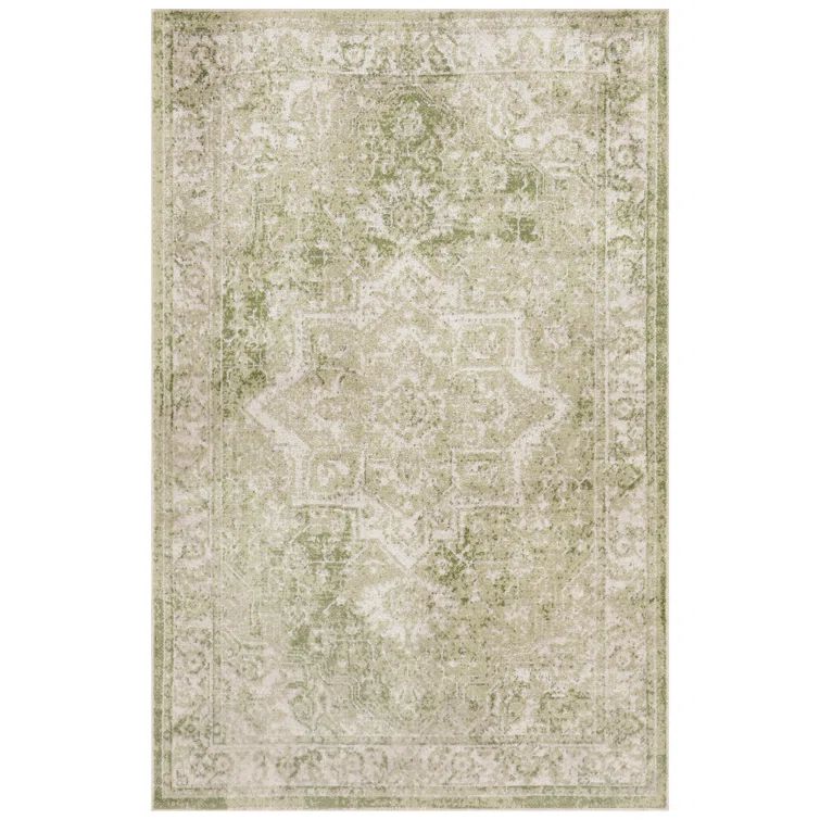 Ivory Green Synthetic Medallion 3'3" x 5' Machine Washable Area Rug