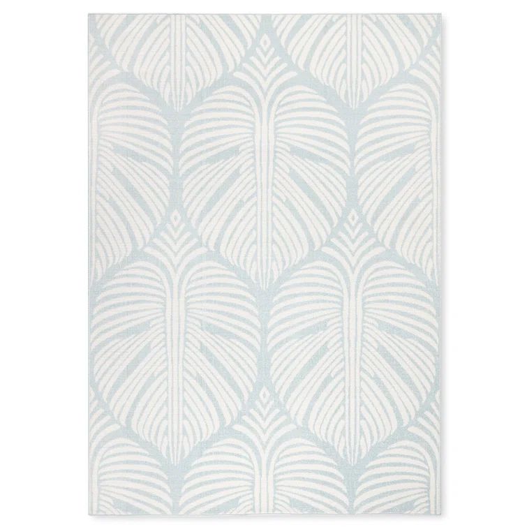 Lanai Blue and Ivory Palm Leaves Synthetic Indoor/Outdoor Area Rug