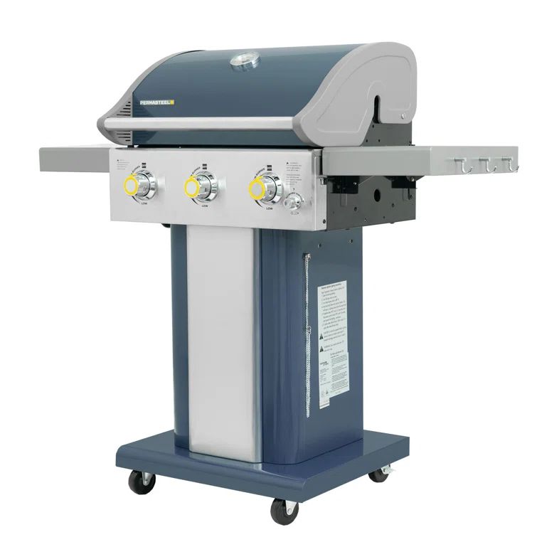 Azure Blue Compact 3-Burner Propane Gas Grill with Foldable Side Tables