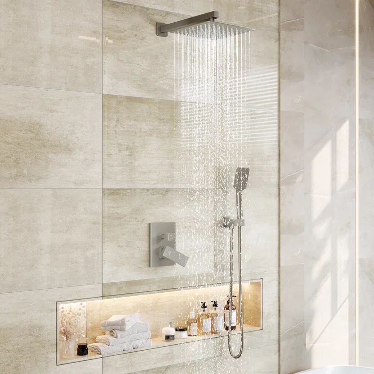 Brushed Nickel Wall Mounted Rain Shower System with Handheld