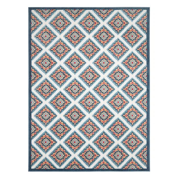 Brooks Retro Geometric Red and Blue Synthetic Indoor/Outdoor Rug
