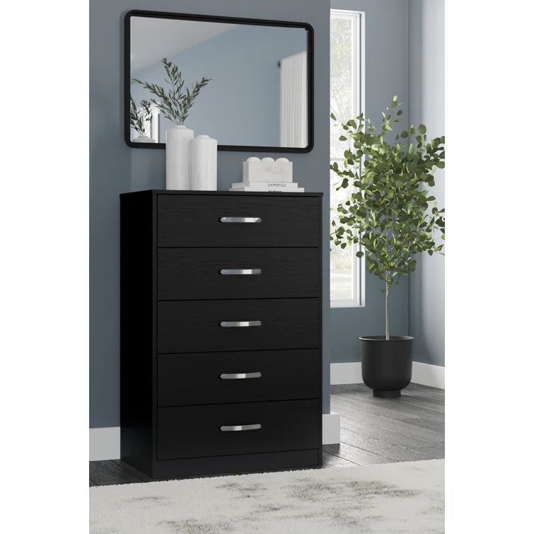 Modern Black 5-Drawer Chest with Sleek Metal Pulls