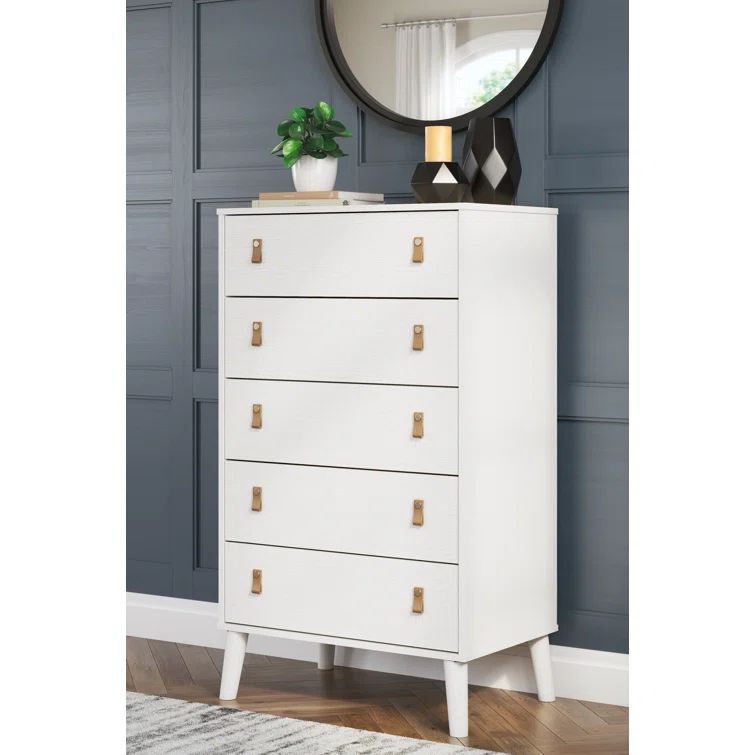 Aprilyn White 5-Drawer Chest with Faux Leather Handles