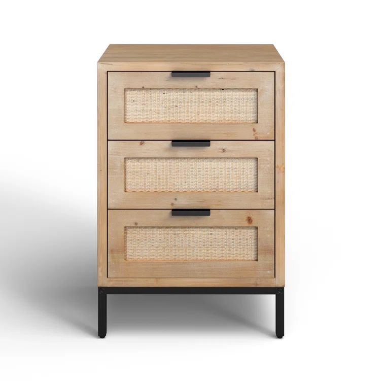 Coastal Charm 3-Drawer Wood & Iron Side Table with Rattan Accents