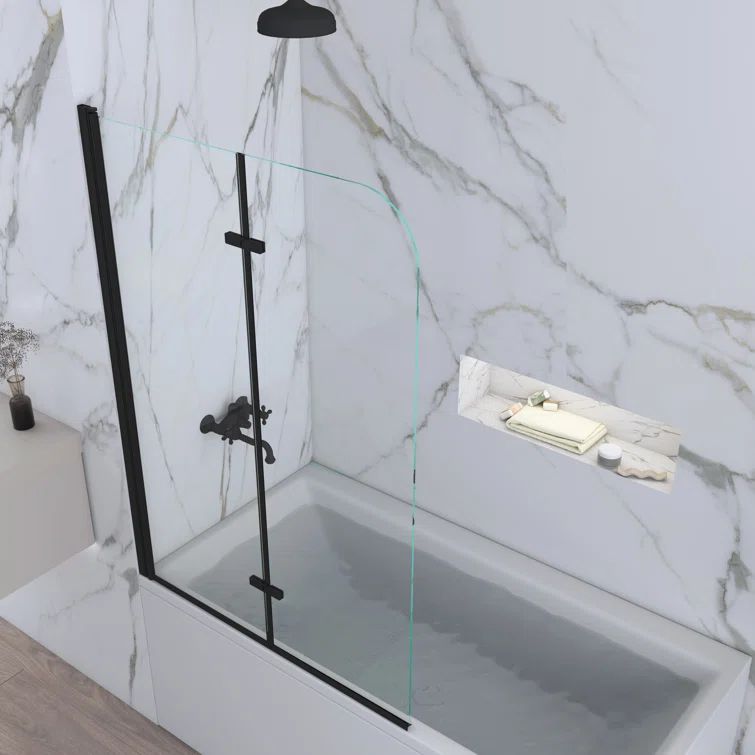 Matte Black Frameless Pivot Tub Door with Clear Tempered Glass