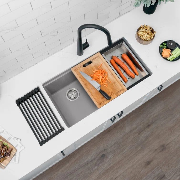 Gray Composite Granite Double Bowl Drop-In Kitchen Sink with Accessories