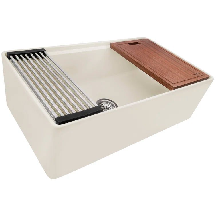 33-inch Biscuit Fireclay Farmhouse Kitchen Sink with Wood Cutting Board