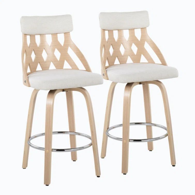 Mid-Century Natural Wood & Cream Fabric 26" Swivel Counter Stool