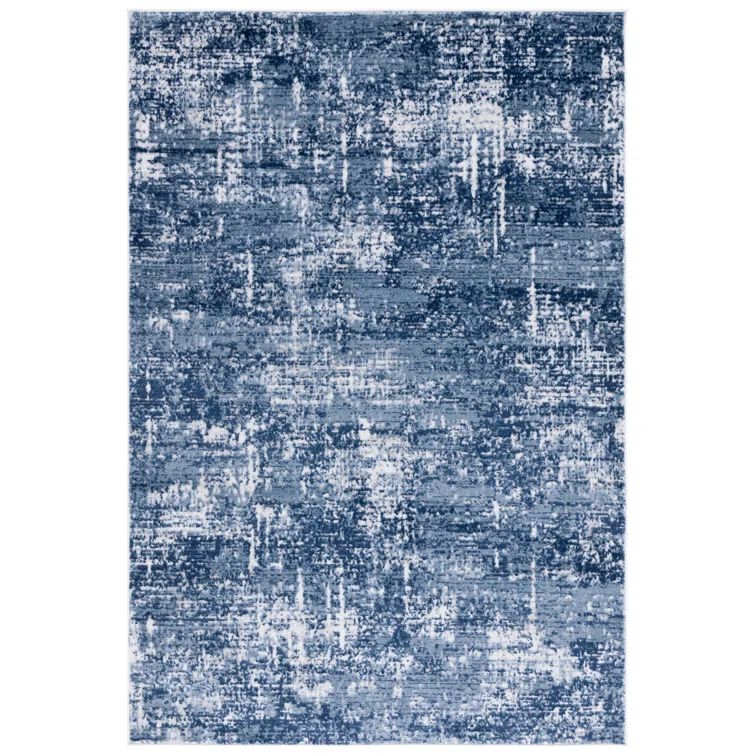Ivory and Dark Blue Abstract Hand-knotted Synthetic Rug, 3' x 5'