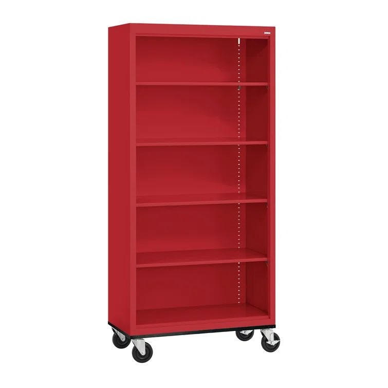 Red Steel Mobile Bookcase with Adjustable Shelves, 78" Height