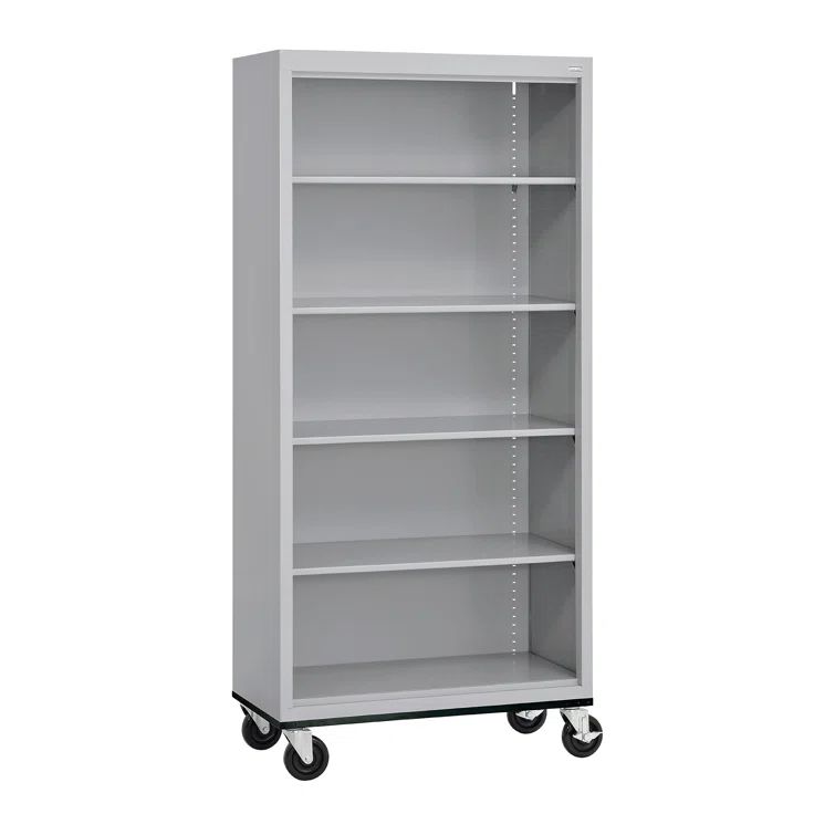 Dove Gray Adjustable Steel Mobile Bookcase with Shelves
