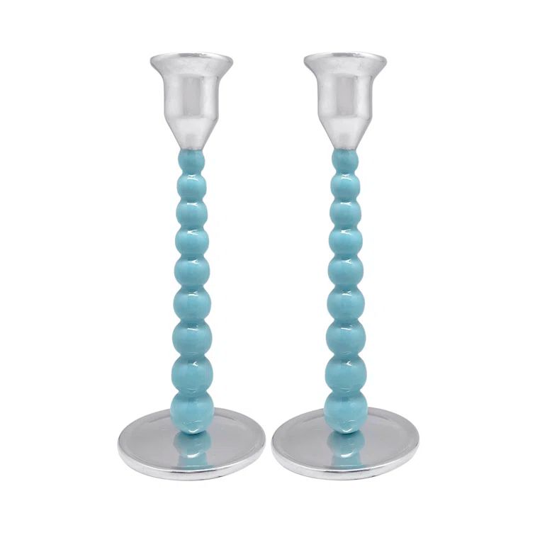 Aqua and Silver Recycled Aluminum Hurricane Candlestick Set