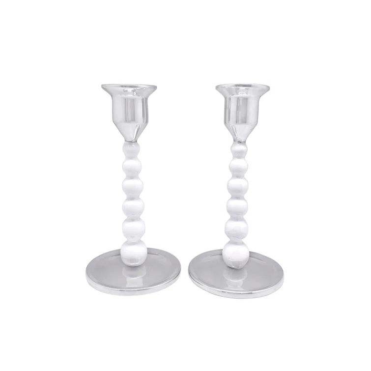 White Recycled Aluminum Pearled Candlestick Set