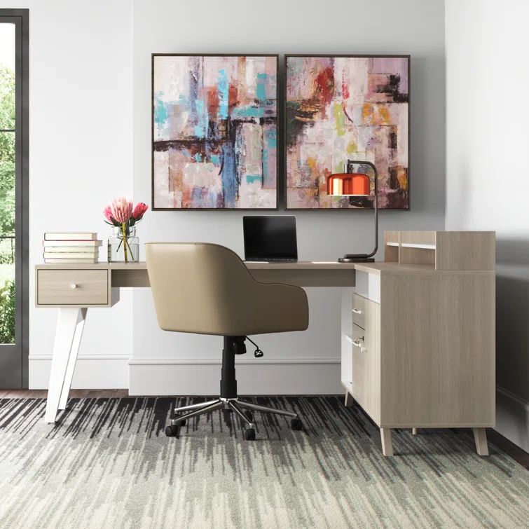 Soft Elm and White Executive Corner Desk with Hutch and Power Outlets