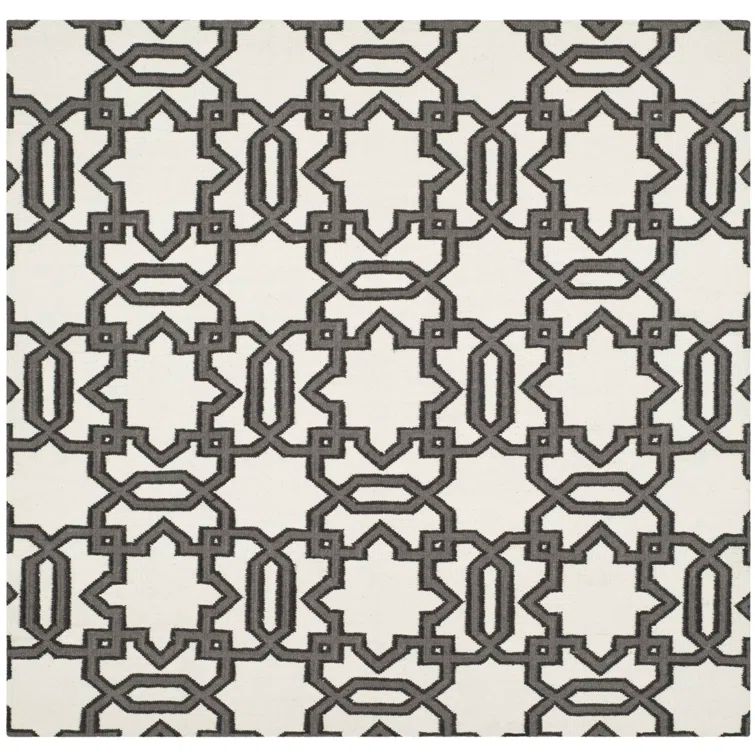 Ivory and Grey Geometric Flatweave Wool Rug, 6' Square
