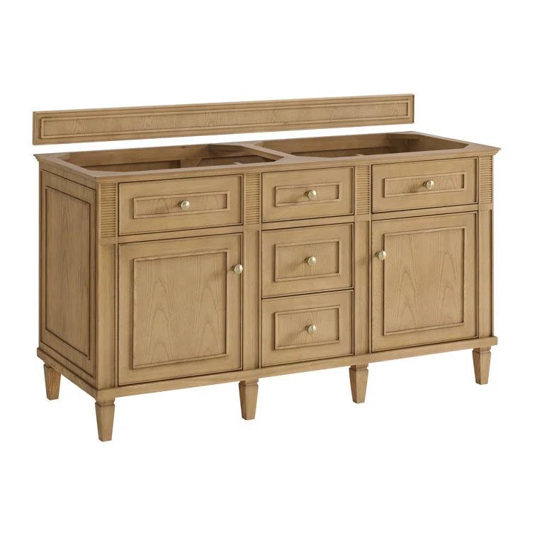 Light Natural Oak Double Freestanding Vanity Base with Brass Knobs