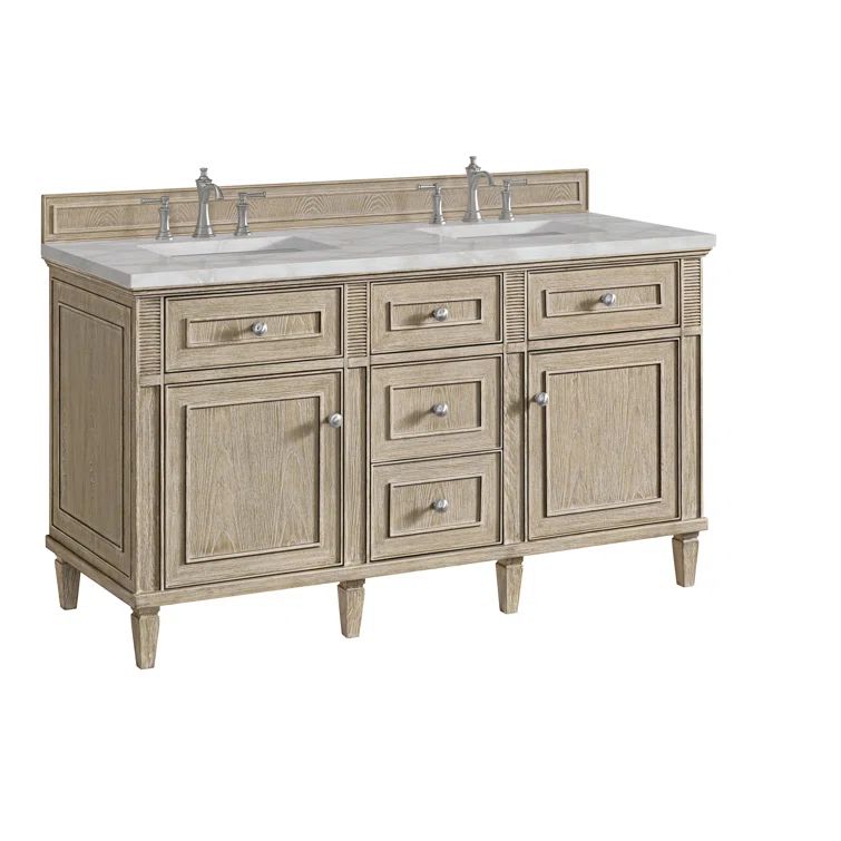 Whitewashed Oak Double Freestanding Vanity with Porcelain Sinks