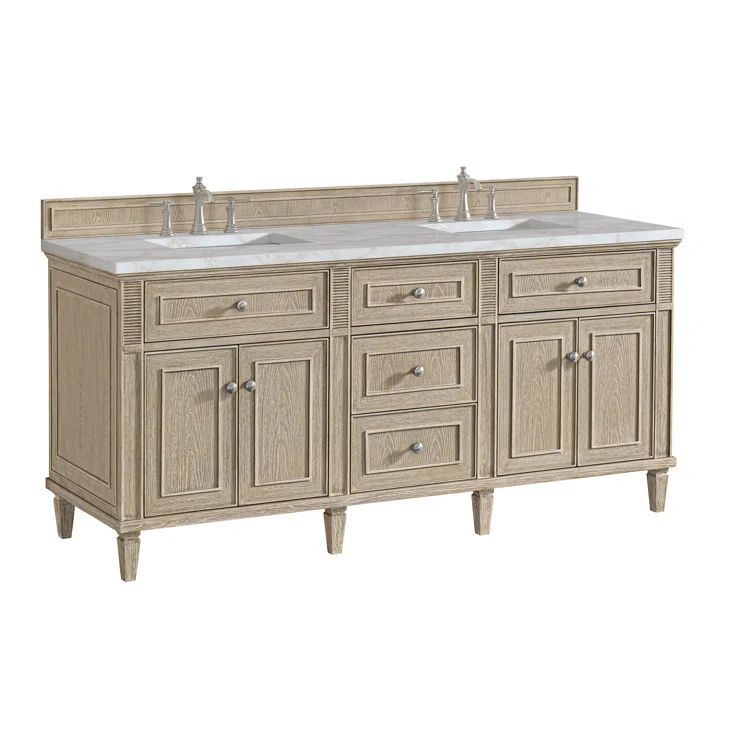 Whitewashed Oak Double Freestanding Vanity with Porcelain Sinks