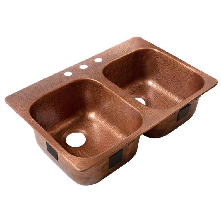Santi Hand-Hammered Copper Double Bowl Farmhouse Kitchen Sink