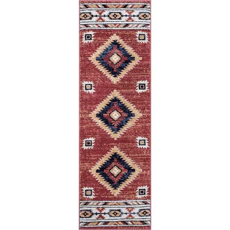 Crimson and Ivory Synthetic Southwestern Runner Rug 2'7" x 9'10"