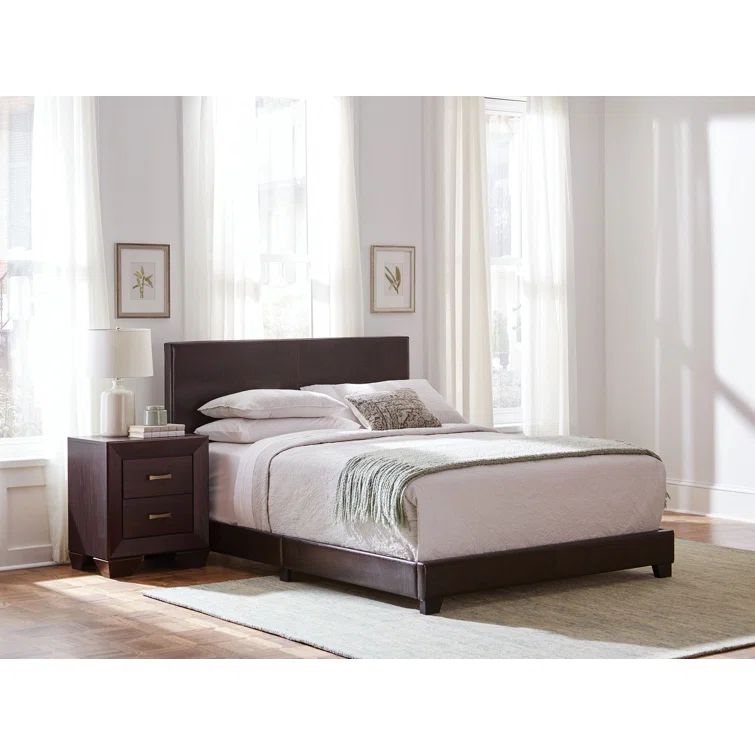 Brown Faux Leather Twin Upholstered Bed with Wood Frame