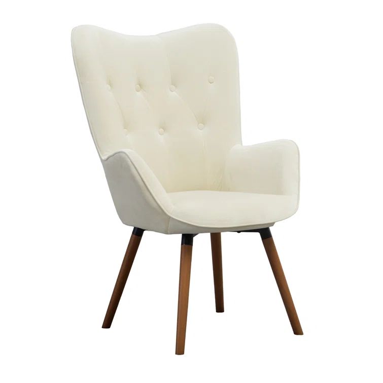 Elegant White Velvet Barrel Wingback Chair with Oak Finish